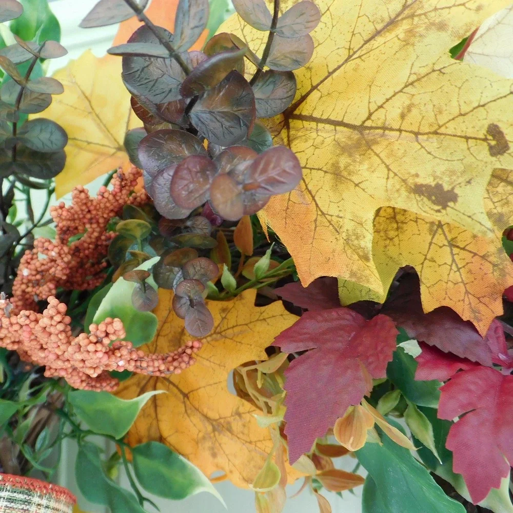 Autumn Crescent Wreath with Plaid Bow, Orange Maple Leaves, Vibrant colors